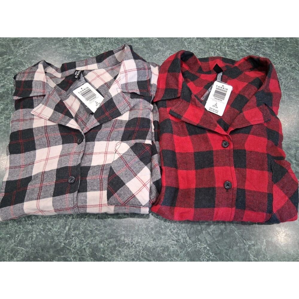 2 - Torrid Red & Black Buffalo & White Plaid Button Sleep Shirts Sz 3 3X 22 24